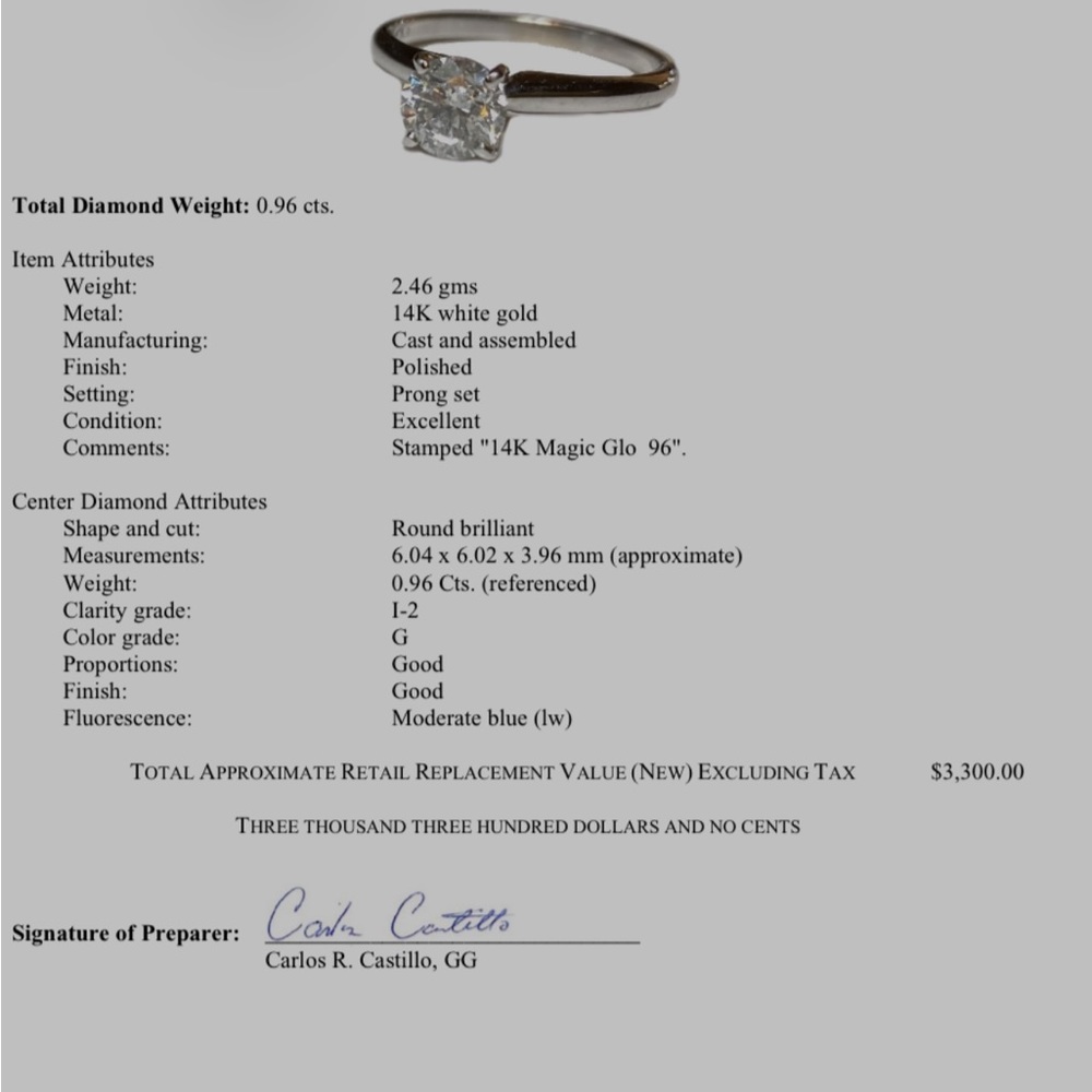 0.96 carat 14 karat white gold diamond ring excellent condition size 8